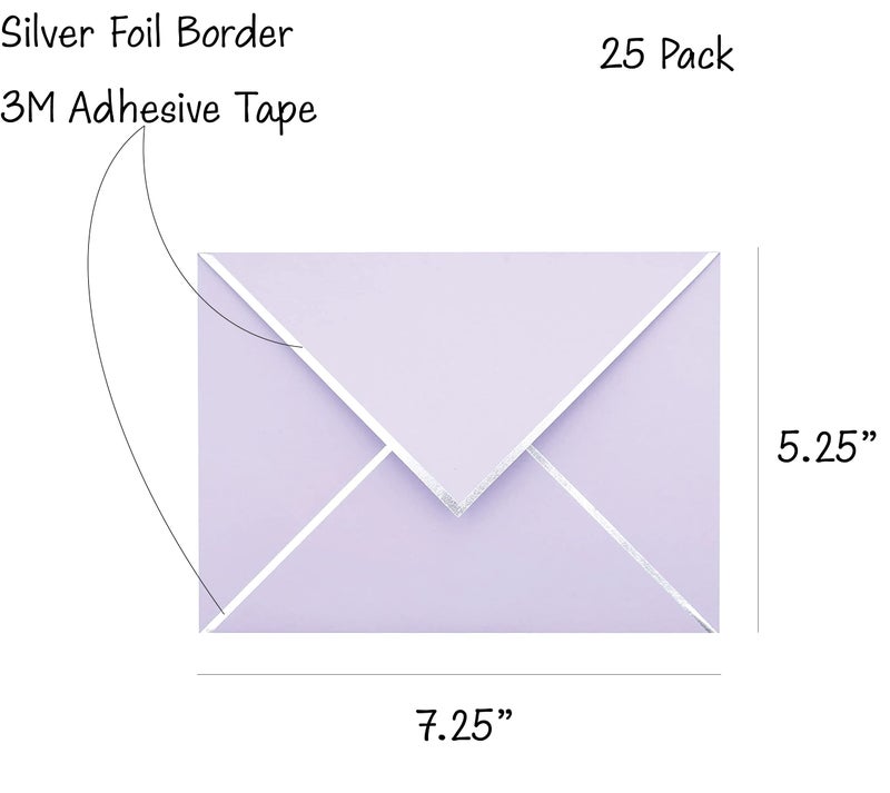 CHRIZ.Z A7 Envelopes - V Flap Foil Border Luxury Mailing Envelopes for 5" x 7" Cards - for Wedding, Invitations, Baby Shower, Photos, Graduation, Birthday, Bridal Shower - 5.25" x 7.25" (Lavendar, 25 Pack) - Image 2
